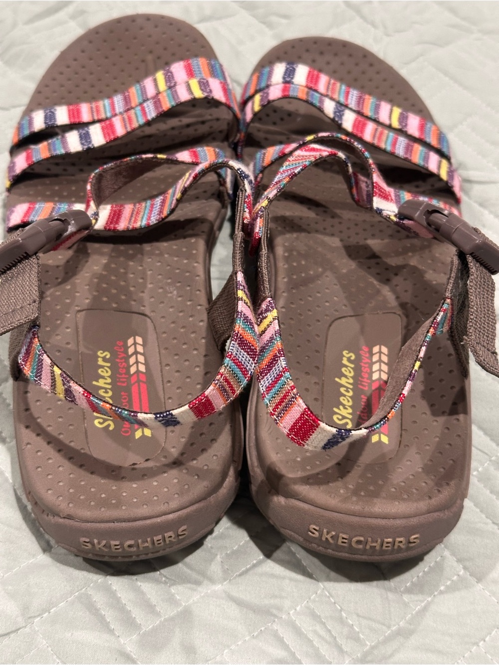 Skechers Women’s Multicolor Striped Strap Sandals with Brown Footbed - Picture 4 of 6